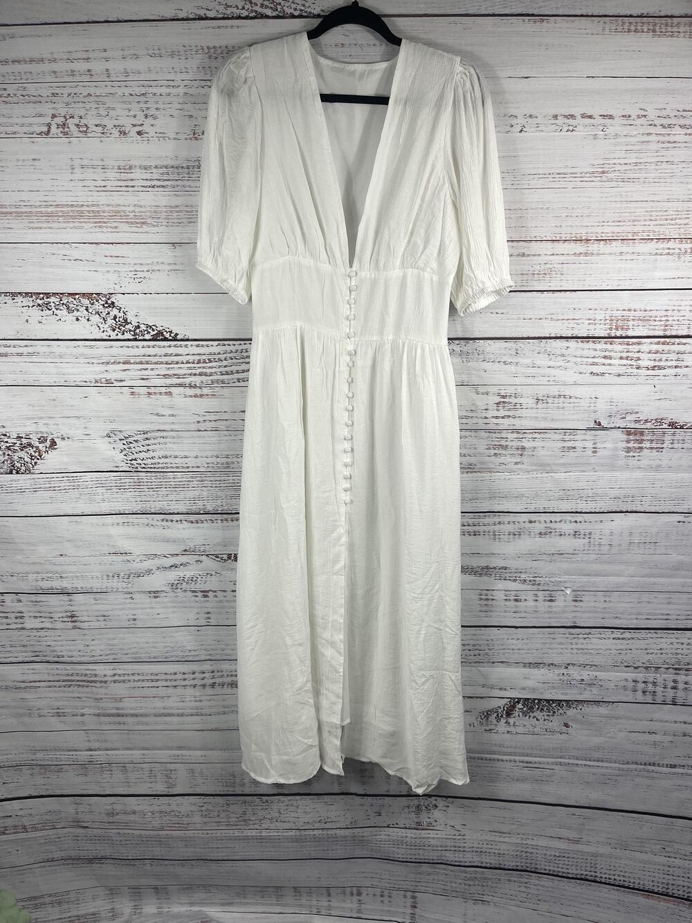 Commense Dress Women's Medium White Button Front Puff Sleeve V Neck Maxi Crinkle